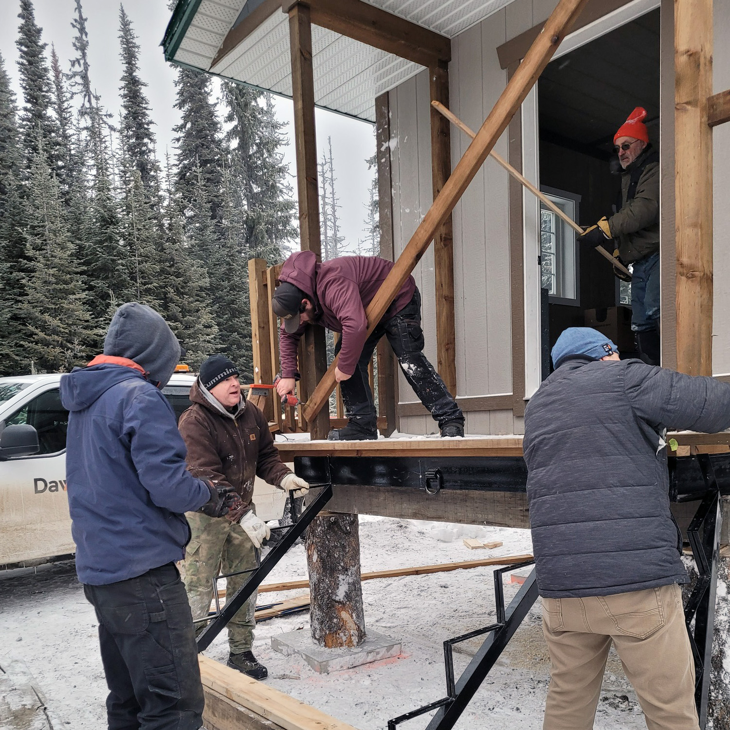 Dawson Civil donating time and recourses to build the Luc Thibault Memorial Warming Cabin for the Kamloops Snowmobile Association in Kamloops, British Columbia.